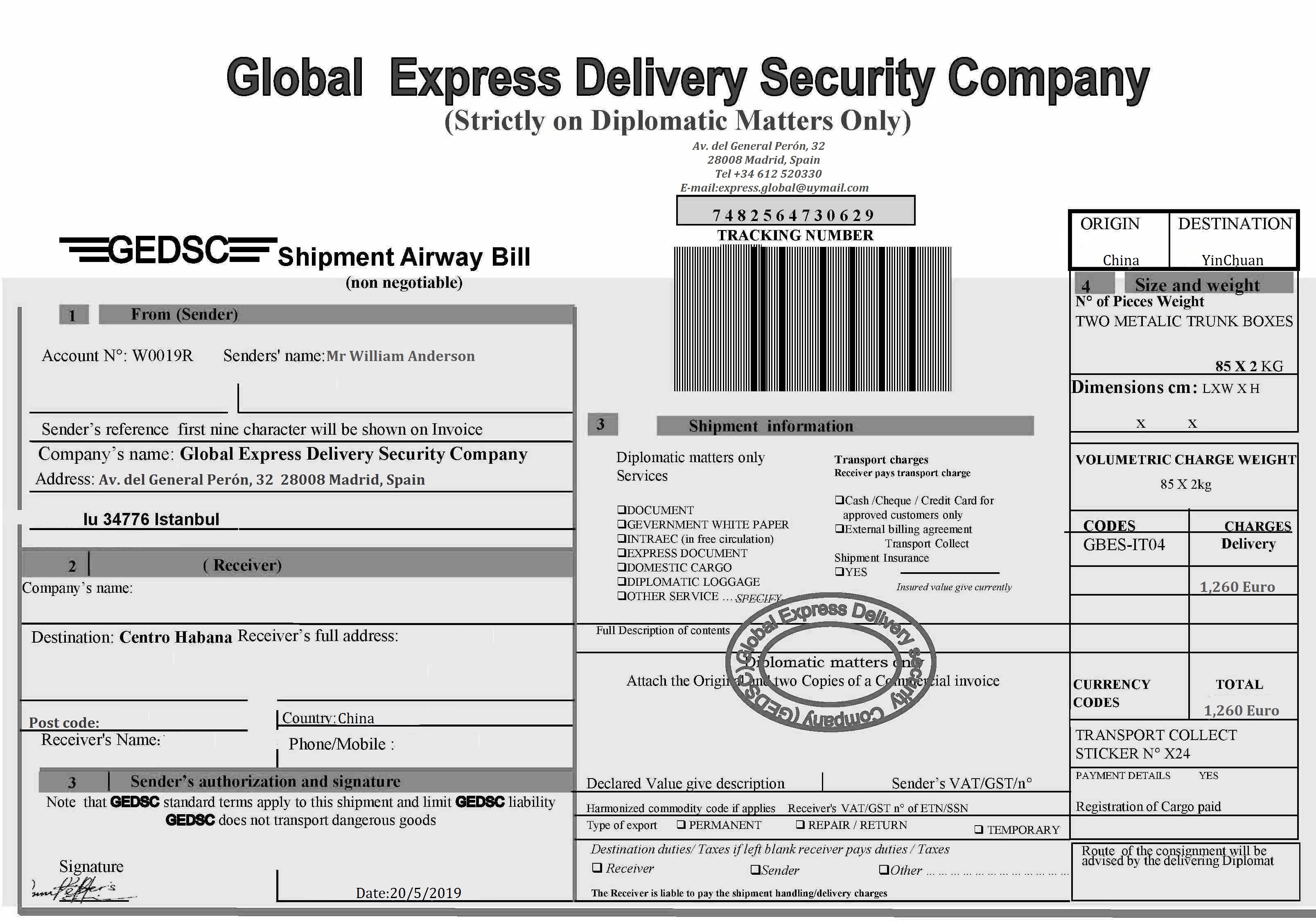 GEDSC AIRWAY BILL TO CHINA